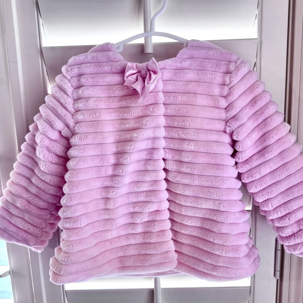 Little‎ Me Pink Faux Fur Ribbed Jacket Toddler Girl 2T Satin Bow Coat